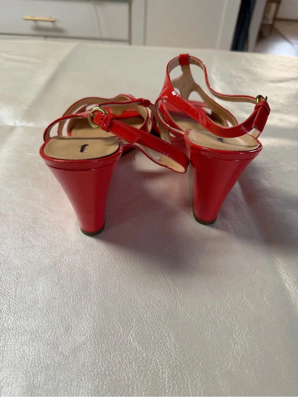 J. Crew Orange Papyra Patent Leather Strappy Wedge Sandals